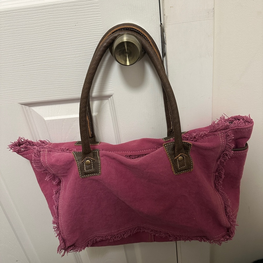 Pink Canvas Tote Bag with Brown Handles - Picture 2 of 4